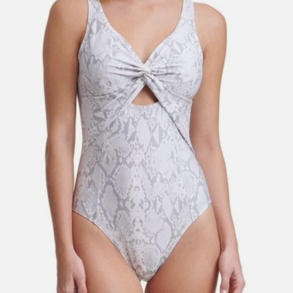 DKNY SPLASH Peek-a-boo Twist Cutout White & Grey One-Piece Swimsuit US 14 NWT - Picture 3 of 3